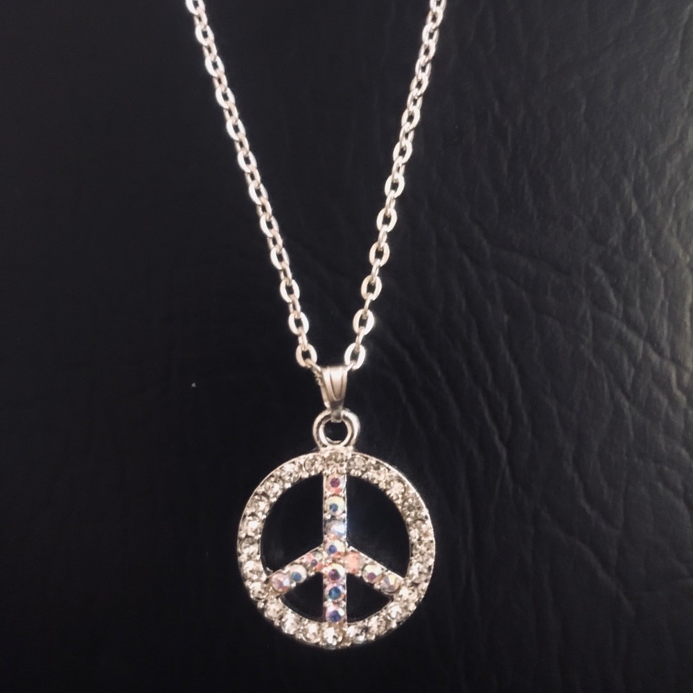 Silver Crystal Peace Sign Necklace NEW